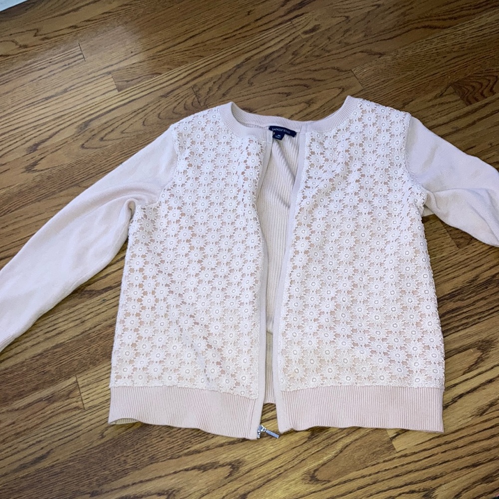 Lands end pink flower sweater size M never to gently used